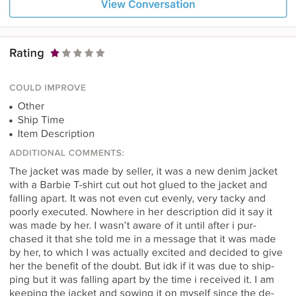 Crazy negative review yet is gonna “keep it” handmade Distressed Denim Jacket